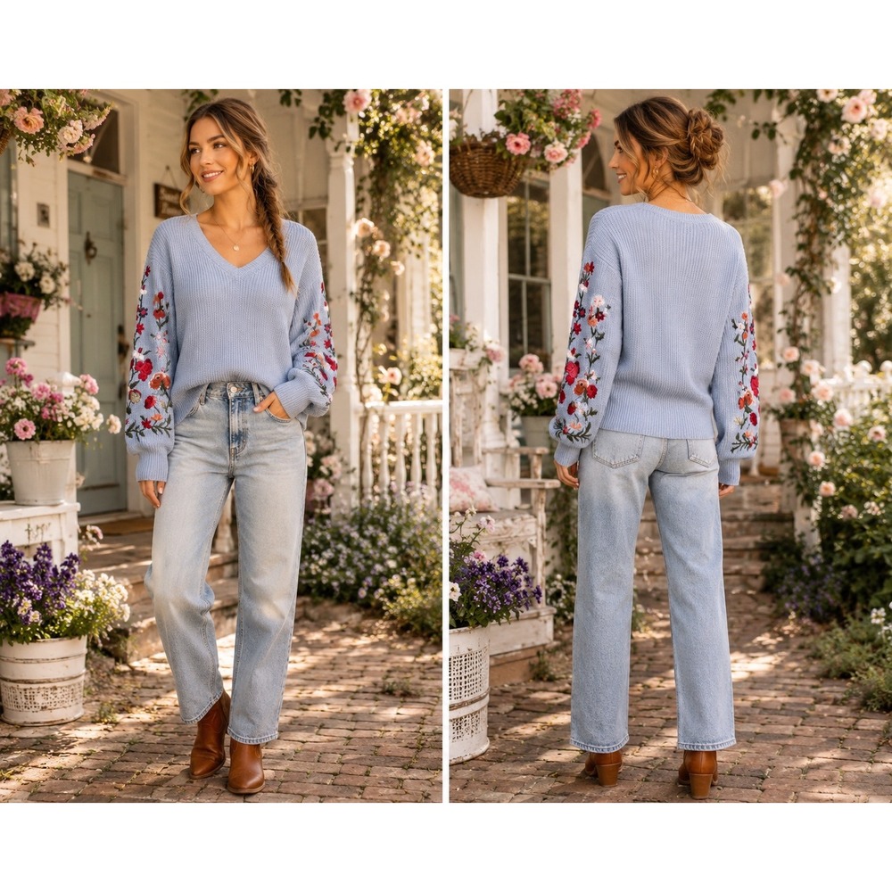American Eagle Cottage Floral Embroidered V-Neck Sweater Blue Knit Pullover XS/S